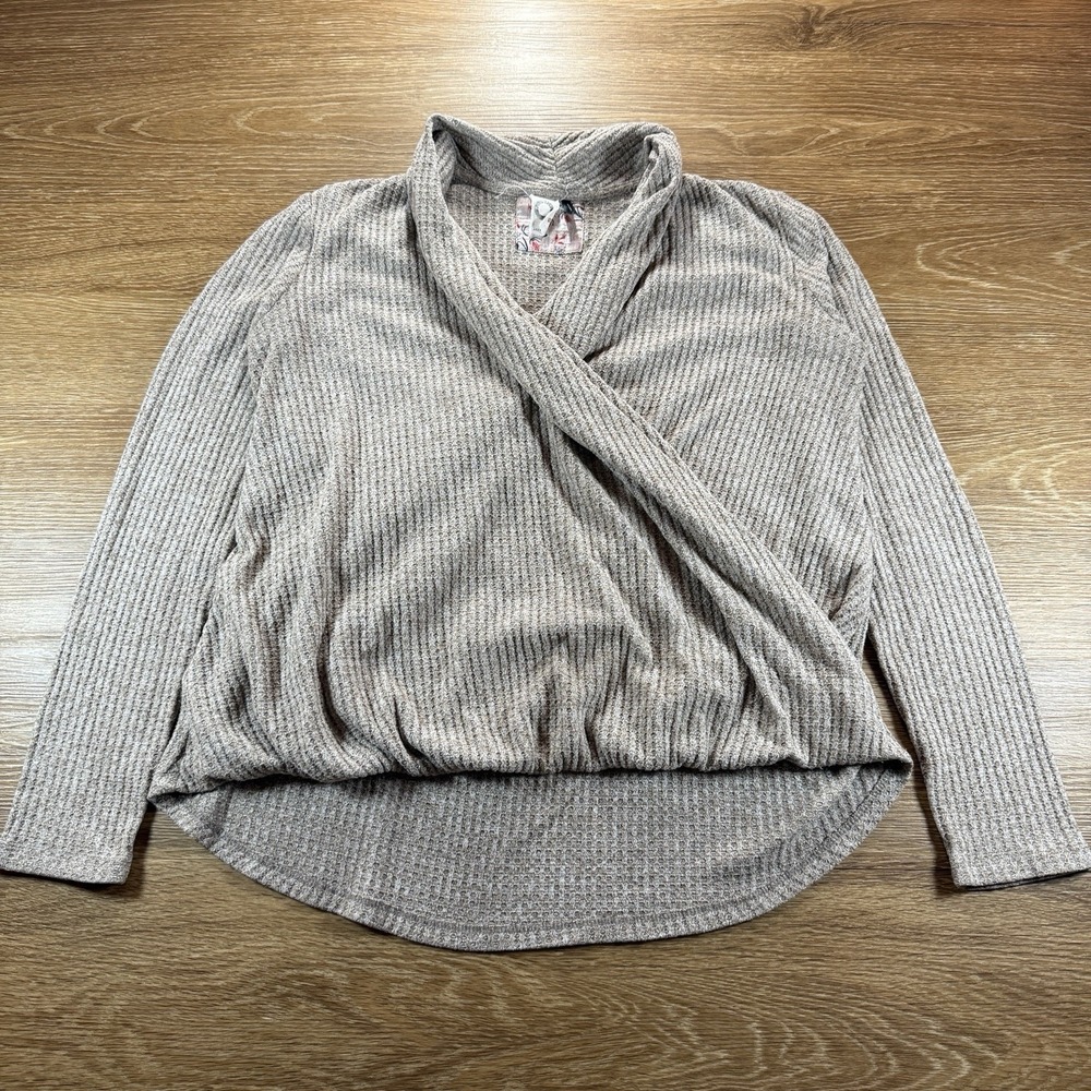 Akemi + Kin Anthropologie Women's M Waffle Knit Wrap Top Gray Hi Low Neutral